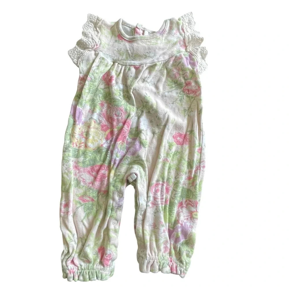 Laura Ashley Baby Floral Romper‎ Eyelet Lace Sleeves Pink Rose 6-9 Months